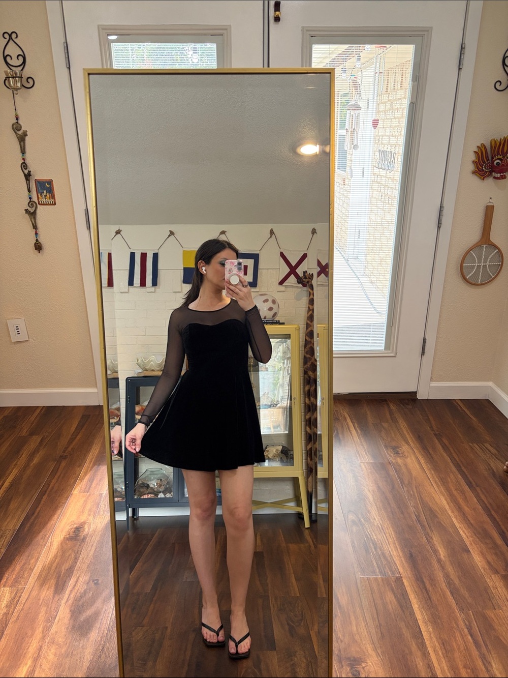 Vintage Sheer-Sleeve Velvet Skater Dress in Black